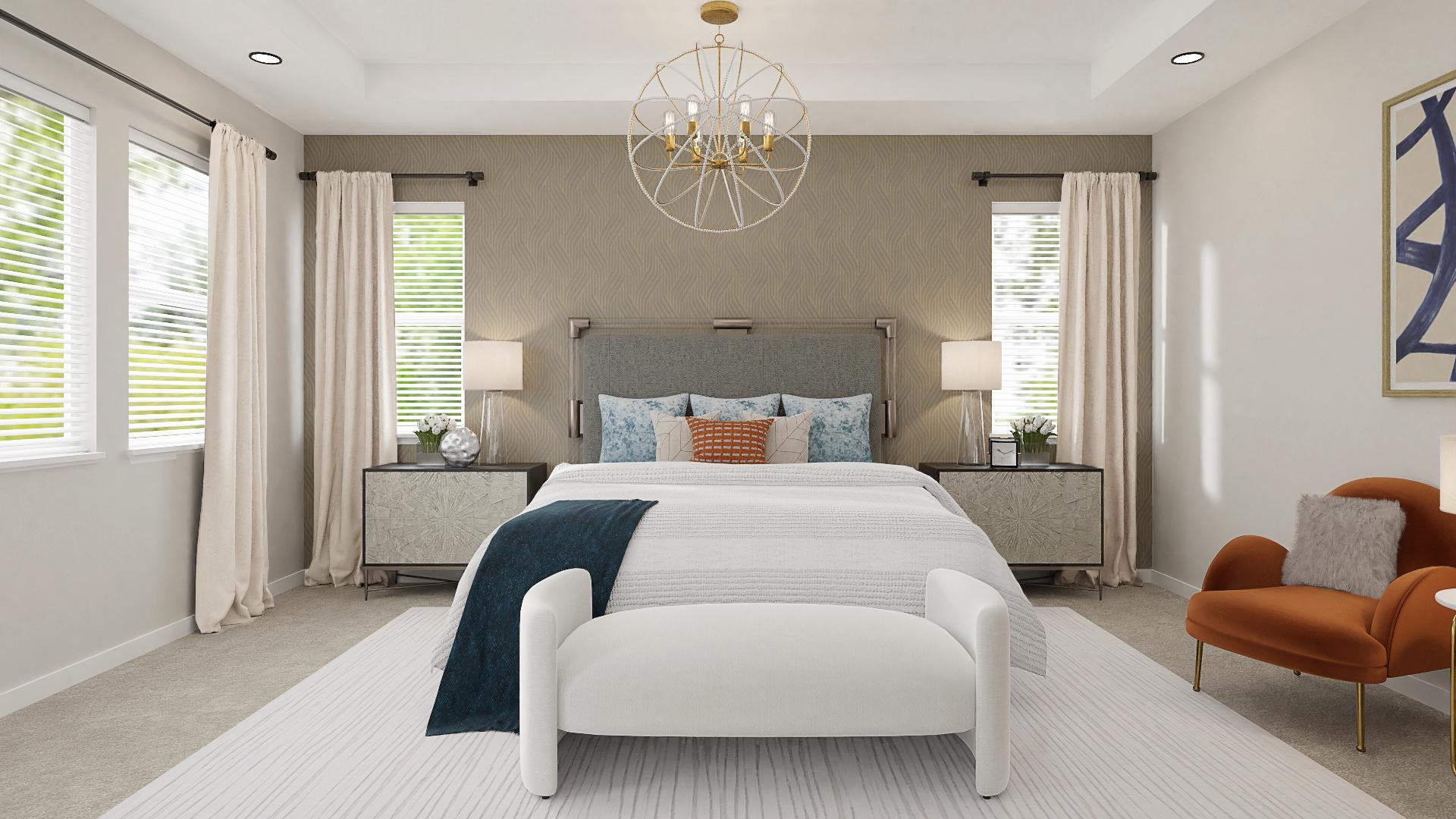 A Contemporary Bedroom In Bronze & Navy Tones