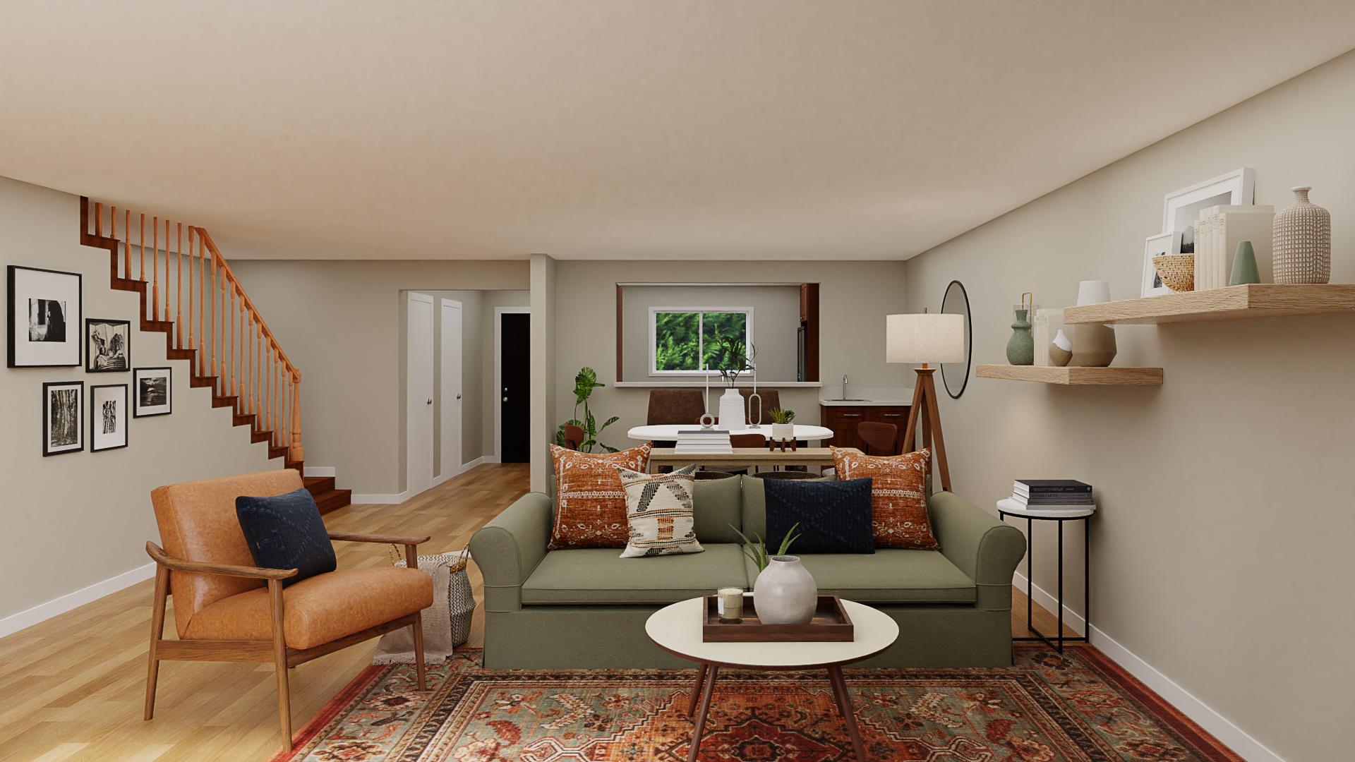 A Mid Century Modern Living-Dining Room In Earthy Hues