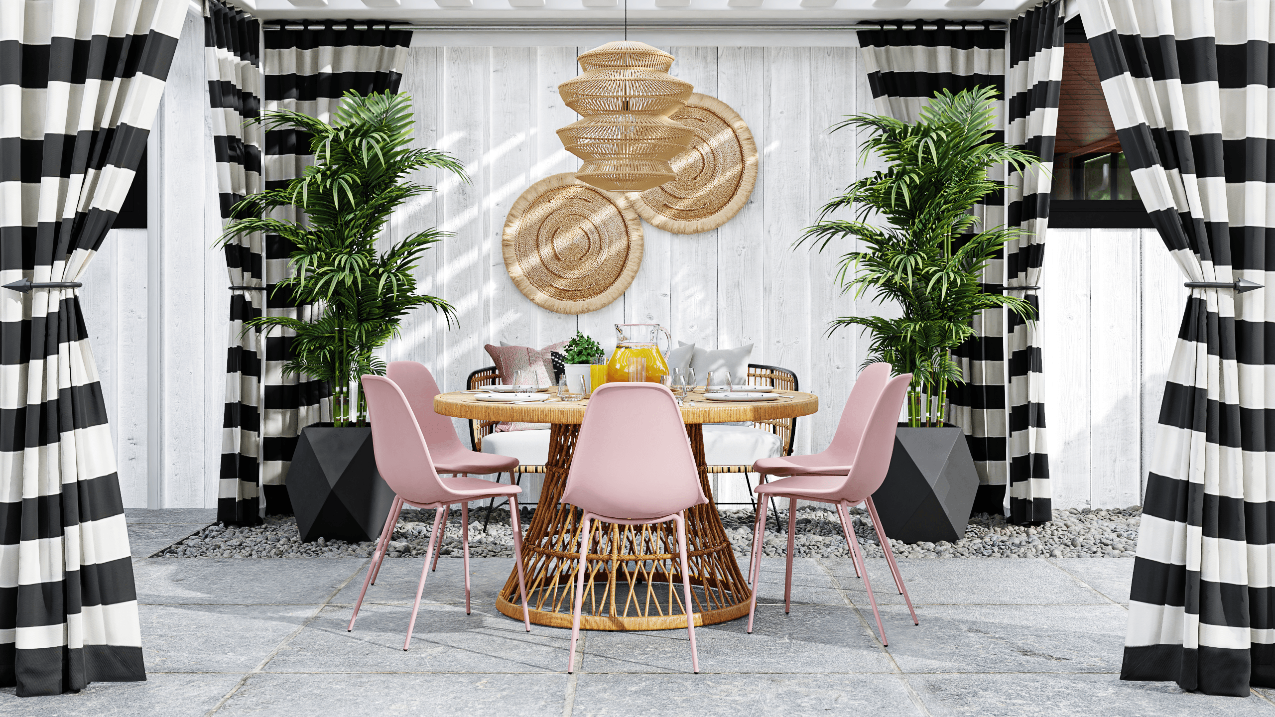 Black & White Patio Design With Pink Dining Chairs